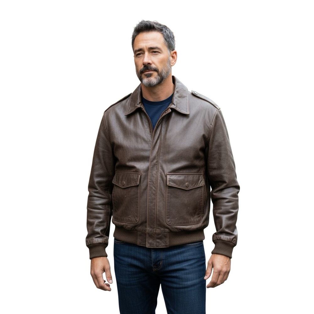 Vintage Orvis Mens Brown Leather Bomber Jacket Fly Fishing Schools Aviator L